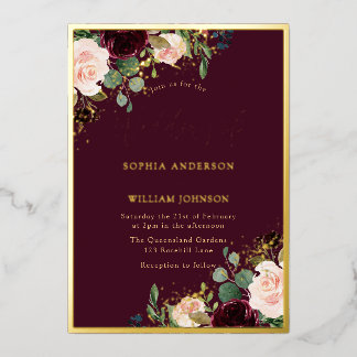 Gold Burgundy Floral Frame Wedding Real  Foil Invitation