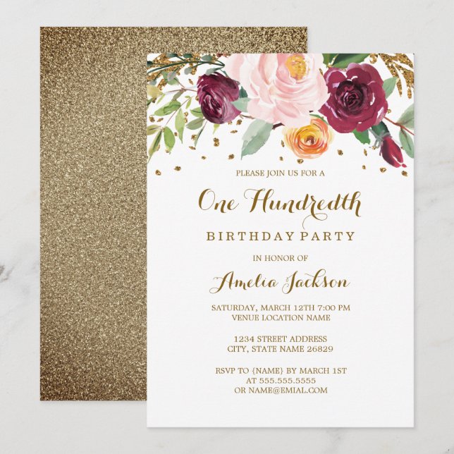 Gold Burgundy Floral Glitter 100th Birthday Party Invitation (Front/Back)