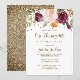 Gold Burgundy Floral Glitter 100th Birthday Party Invitation