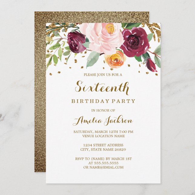 Gold Burgundy Floral Glitter 16th Birthday Party Invitation (Front/Back)
