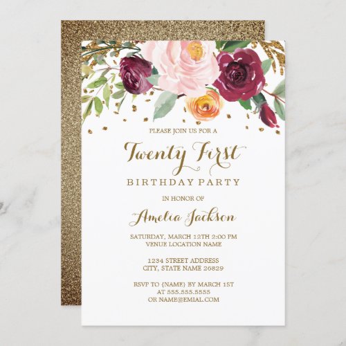 Gold Burgundy Floral Glitter 21st Birthday Party Invitation