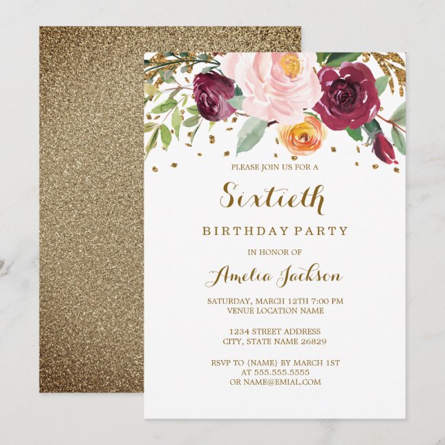 Gold Burgundy Floral Glitter 60th Birthday Party Invitation (Front/Back)