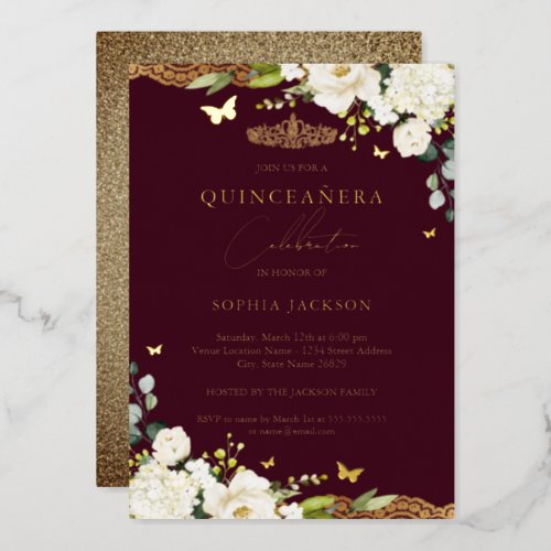 Gold Burgundy Floral Lace Quinceanera Birthday Foil Invitation