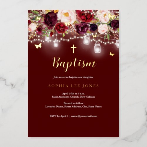 Gold Burgundy Floral Lights Baptism  Foil Invitation