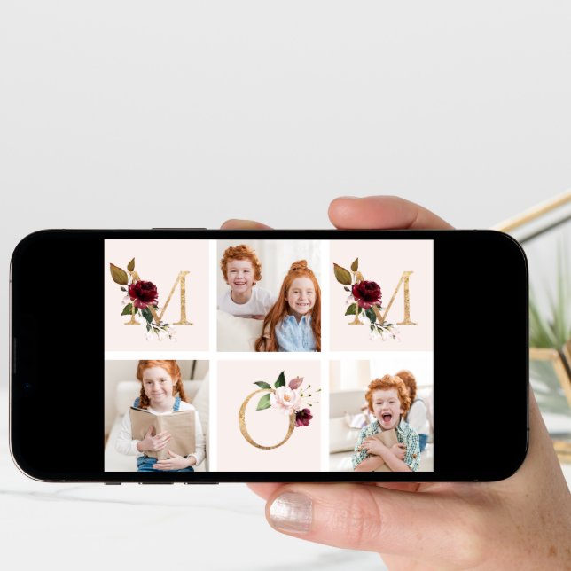 Gold Burgundy Floral MOM Multi Photo Mothers Day Card (Front Digital)