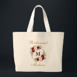 Gold Burgundy Floral Monogram Bridesmaid Large Tote Bag<br><div class="desc">Watercolor Burgundy Floral Gold Monogram Bridesmaid Tote Bag - Large</div>