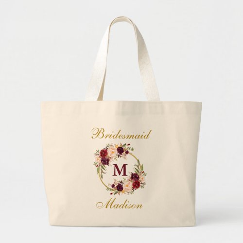 Gold Burgundy Floral Monogram Bridesmaid Large Tote Bag