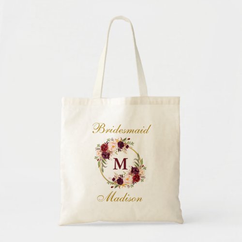 Gold Burgundy Floral Monogram Bridesmaid Tote Bag