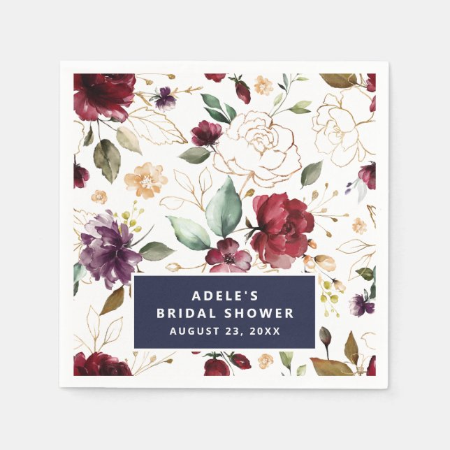 Gold Burgundy Floral Pattern Bridal Shower Napkins (Front)