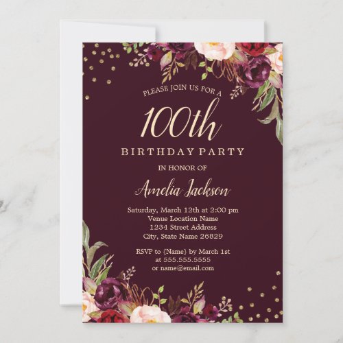 Gold Burgundy floral Sparkle 100th Birthday Party Invitation