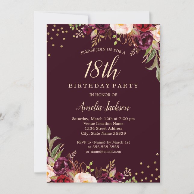 Gold Burgundy floral Sparkle 18th Birthday Invitation (Front)