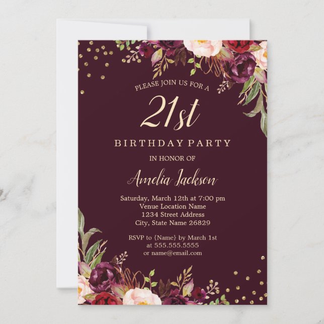 Gold Burgundy floral Sparkle 21st Birthday Party Invitation (Front)