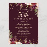 Gold Burgundy floral Sparkle 50th Birthday Party