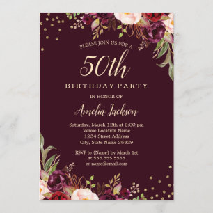 Gold Burgundy floral Sparkle 50th Birthday Party Invitation
