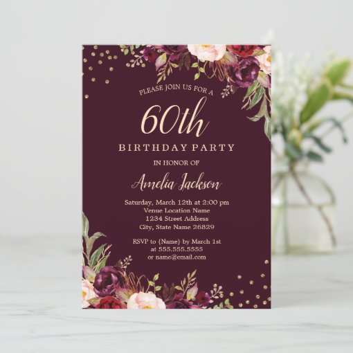 Gold Burgundy floral Sparkle 60th Birthday Party Invitation | Zazzle