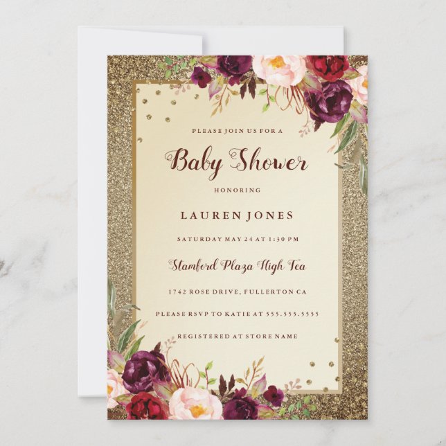 Gold Burgundy floral Sparkle Baby Shower Invite (Front)