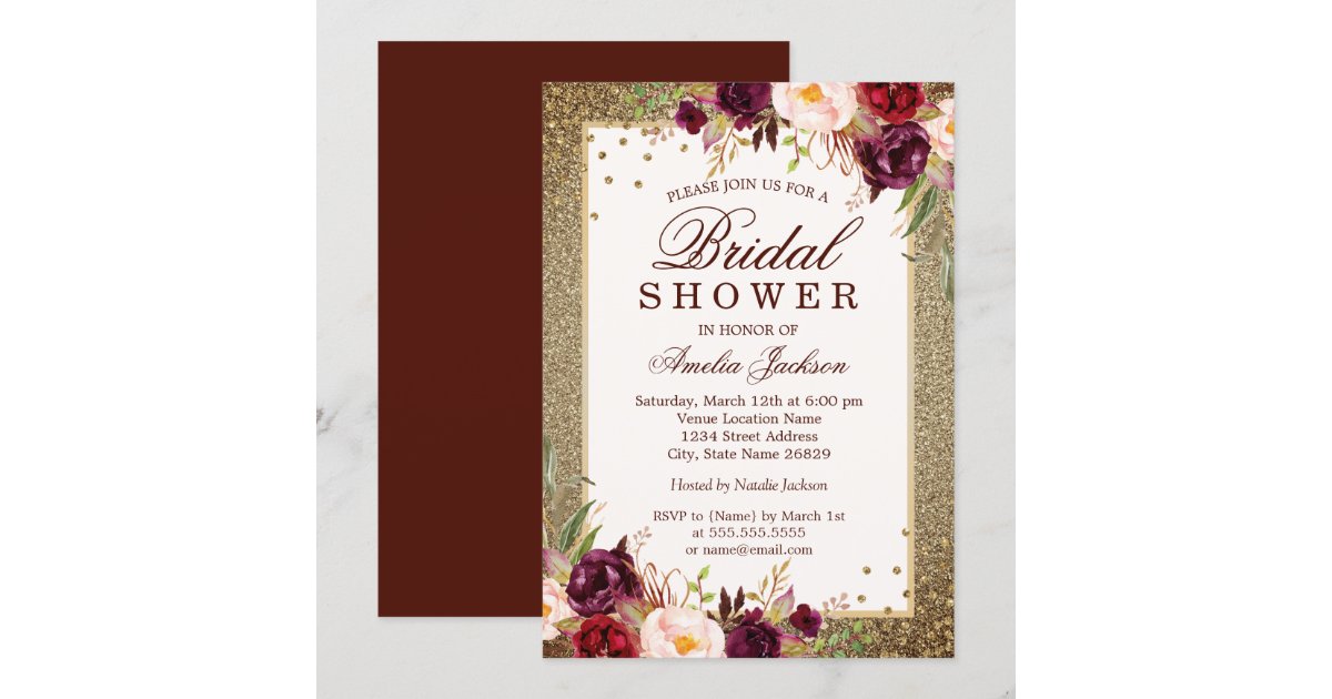 Gold Burgundy floral Sparkle Bridal Shower Invitation Zazzle