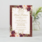 Gold Burgundy floral Sparkle Sweet Sixteen Invitation (Standing Front)