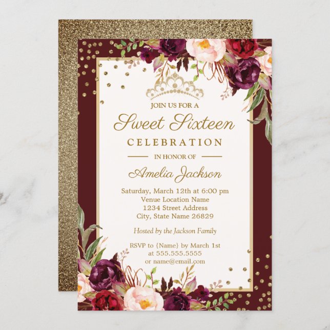 Gold Burgundy floral Sparkle Sweet Sixteen Invitation (Front/Back)
