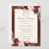 Gold Burgundy floral Sparkle Sweet Sixteen Invitation (Front)