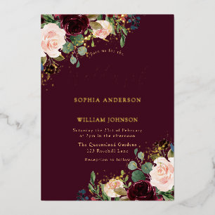 Gold Burgundy Floral Sparkle Wedding Real Foil Invitation