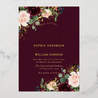 Gold Burgundy Floral Sparkle Wedding Real  Foil Invitation