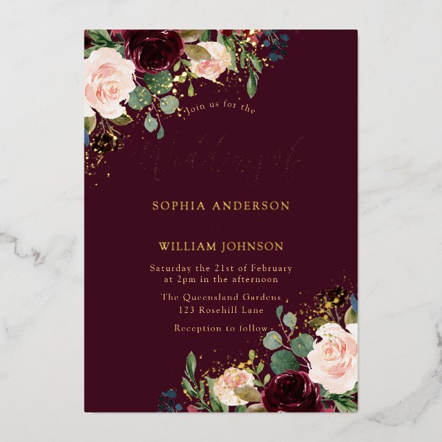 Gold Burgundy Floral Sparkle Wedding Real  Foil Invitation (Front)