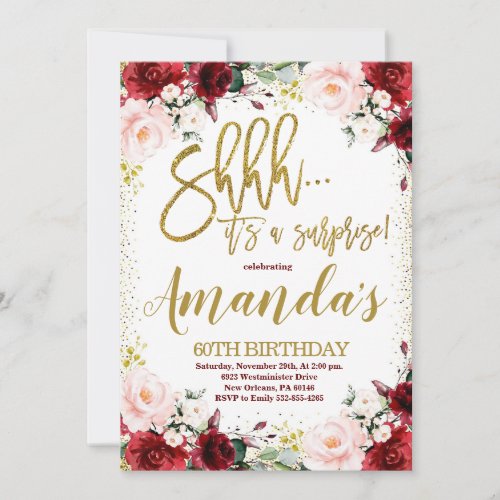 Gold  Burgundy Floral Surprise Birthday Party Invitation