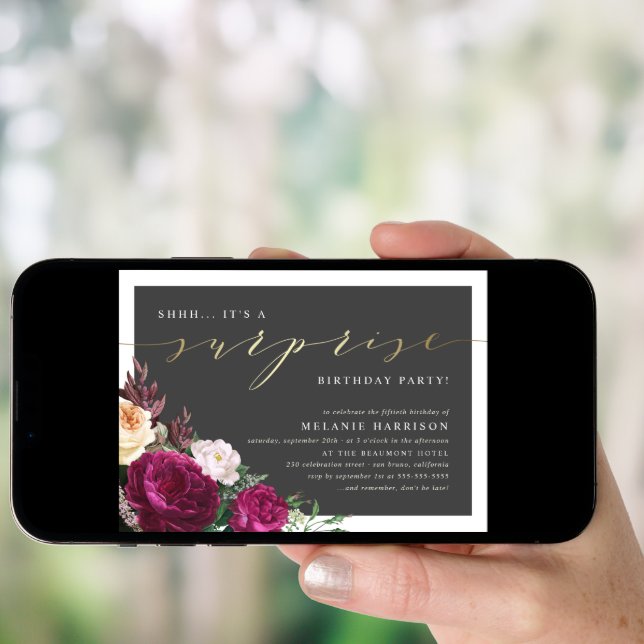Gold & Burgundy Floral Surprise Birthday Party Invitation (Front Digital)