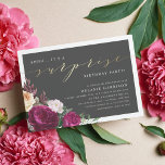 Gold & Burgundy Floral Surprise Birthday Party Invitation<br><div class="desc">Elegant, floral surprise birthday party invitation featuring chic gold script calligraphy against a dark gray overlay with an arrangement of beautiful burgundy and cream peonies in one corner. Your details appear in simple, stylish typography. Click on "Personalize this template" to change the wording. Scroll down to "Customize further" to format...</div>
