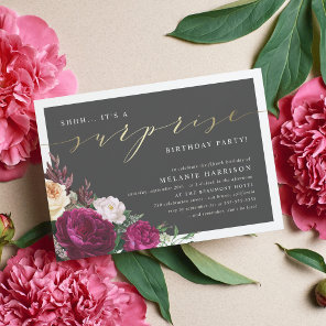 Gold & Burgundy Floral Surprise Birthday Party Invitation