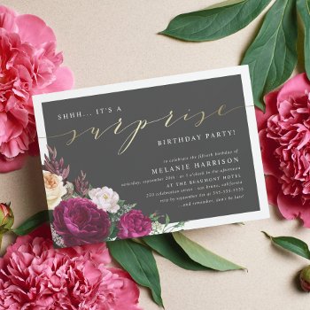 Gold & Burgundy Floral Surprise Birthday Party Invitation by Cali_Graphics at Zazzle