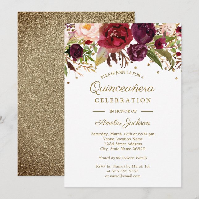 Gold Burgundy Floral Watercolor Quinceanera Invite (Front/Back)