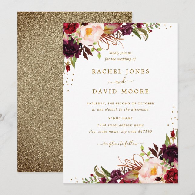 Gold Burgundy Floral Watercolor Wedding Invite (Front/Back)