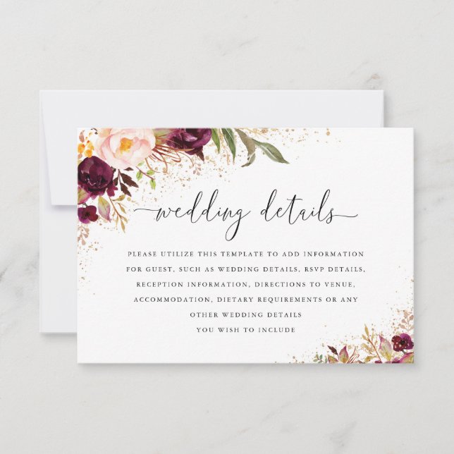 Gold Burgundy Floral Wedding Details Card (Front)