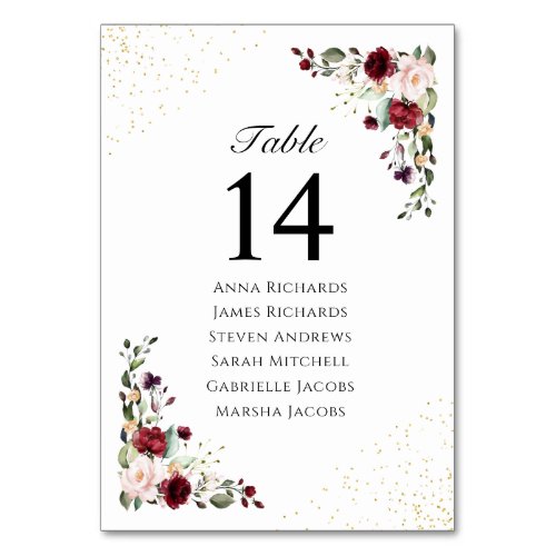 Gold Burgundy Floral Wedding Reception Seating Table Number