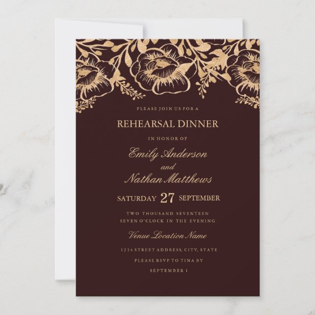 Gold Burgundy Floral Wedding Rehearsal Dinner Invitation (Front)