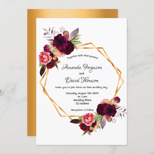 Gold burgundy florals geometric white wedding invitation