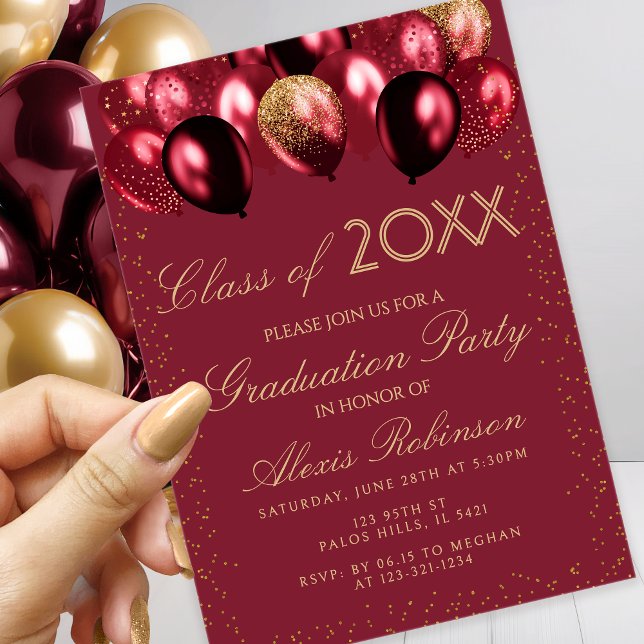 Gold Burgundy Glitter Balloons Graduation Party Invitation (Creator Uploaded)