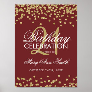 Gold Burgundy Glitter Confetti 21st Birthday Poster