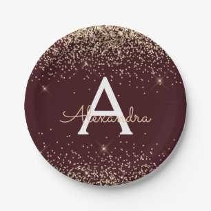Gold Burgundy Glitter Sparkle Monogram Birthday Paper Plates
