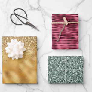 Gold Burgundy Green Glitter Glam Wrapping Paper Sheets