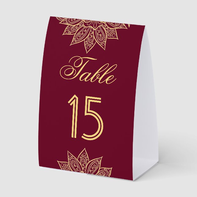 Gold Burgundy Henna Indian Wedding Table Number Paper Table Tent (Front)