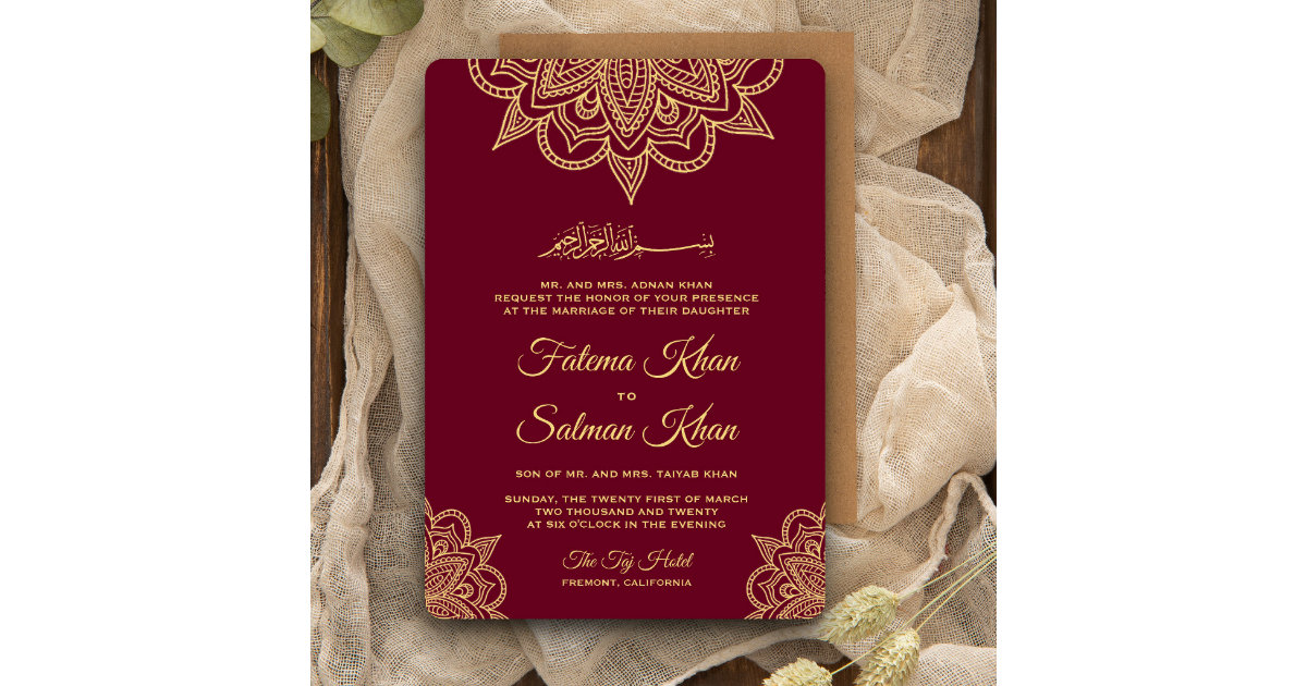 Gold Burgundy Henna Mehndi Islamic Wedding Invitation | Zazzle