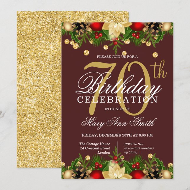 Gold & Burgundy Holiday Glitter 70th Birthday  Invitation (Front/Back)