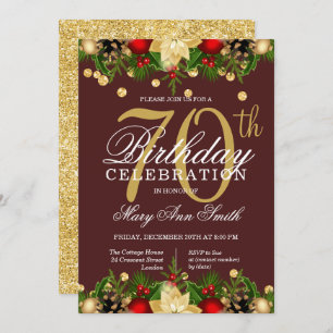 Gold & Burgundy Holiday Glitter 70th Birthday Invitation