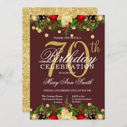 Gold  Burgundy Holiday Glitter 70th Birthday  Invitation
