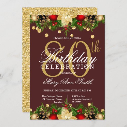 Gold  Burgundy Holiday Glitter 80th Birthday  Invitation