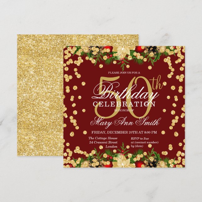 Gold & Burgundy Holiday Glitter Glam 50th Birthday Invitation (Front/Back)