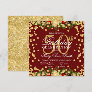 Gold & Burgundy Holiday Glitter Glam 50th Birthday Invitation